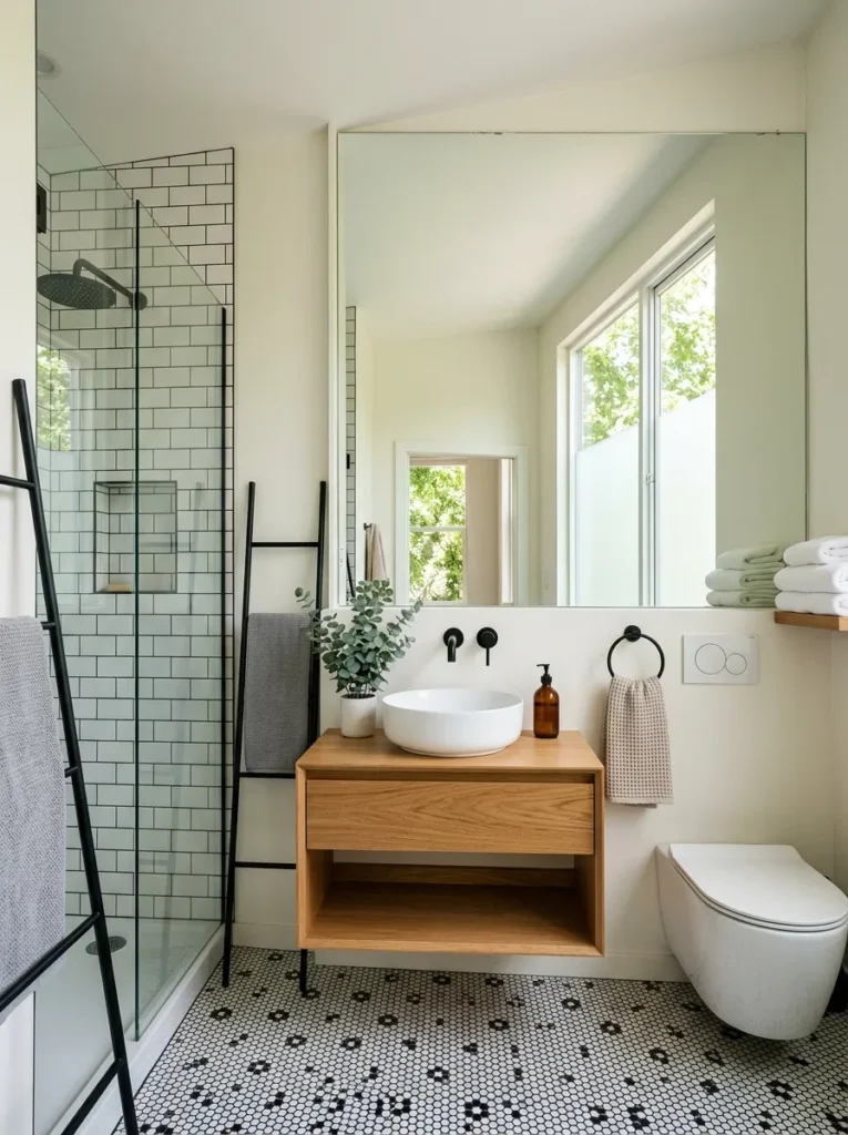 Small bathroom featuring a large mirror that reflects light and makes the space feel bigger and brighter