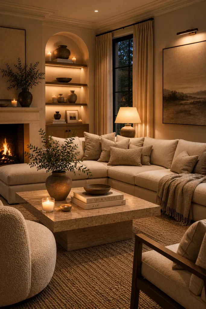 Quiet luxury living room featuring oversized neutral artwork, sophisticated furnishings, and timeless contemporary design