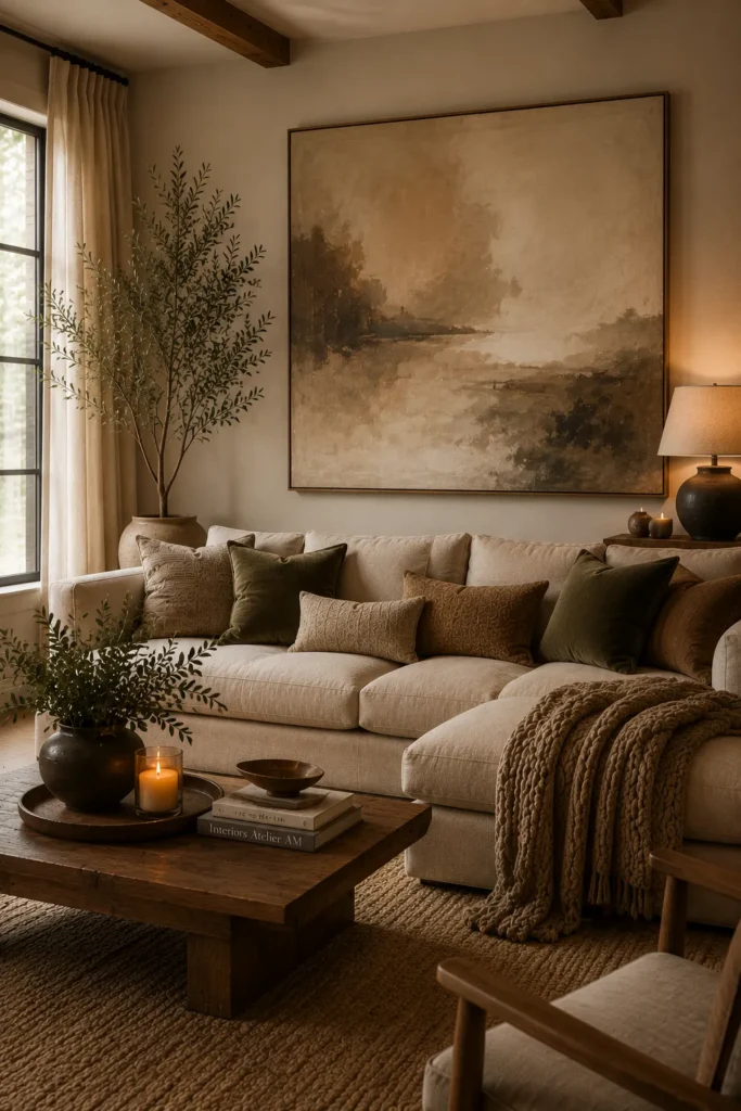 Modern cozy living room featuring oversized neutral wall art above a comfortable sofa