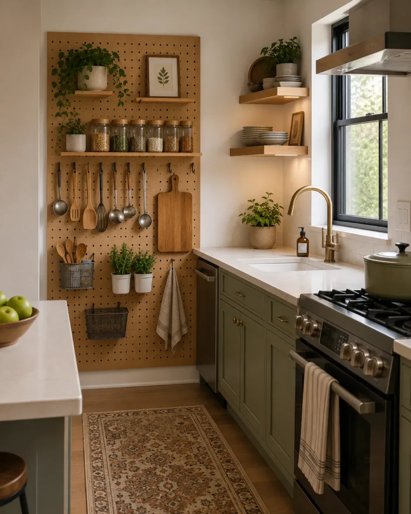 Small kitchen pegboard wall organizing utensils, cookware, and accessories with flexible vertical storage