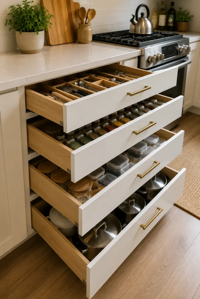 Compact kitchen with pull-out storage drawers organizing cookware and pantry essentials efficiently