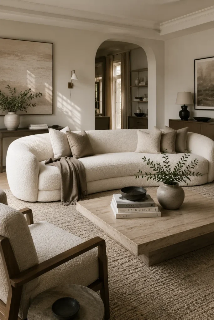 Quiet luxury living room featuring a statement curved sofa as the focal point with elegant neutral decor and warm natural light