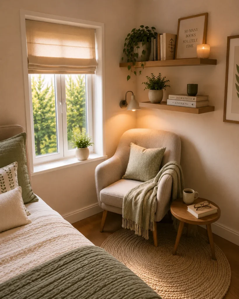 Cozy reading corner in a small box room bedroom with a comfortable chair soft lighting and compact styling