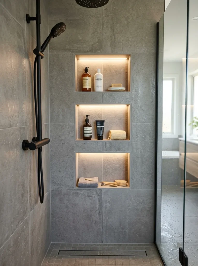 Small bathroom with recessed shower shelving built into the wall for clutter free storage