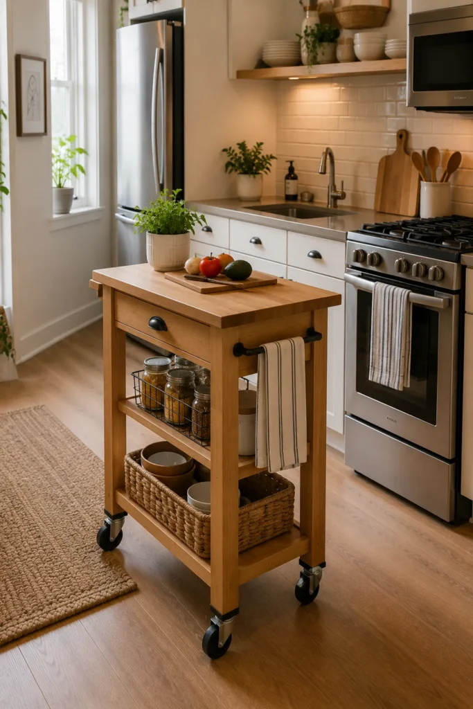 Small kitchen with rolling cart island adding movable prep space and extra storage