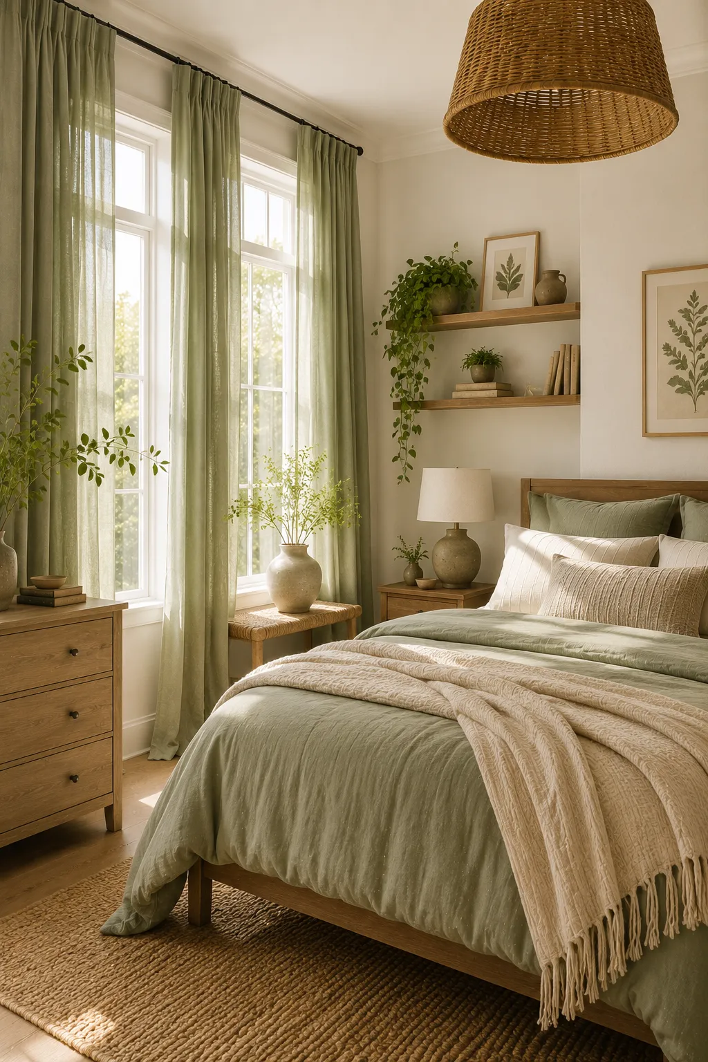Green bedroom styled with natural stone decor, earthy textures, and organic materials for a grounded calming atmosphere