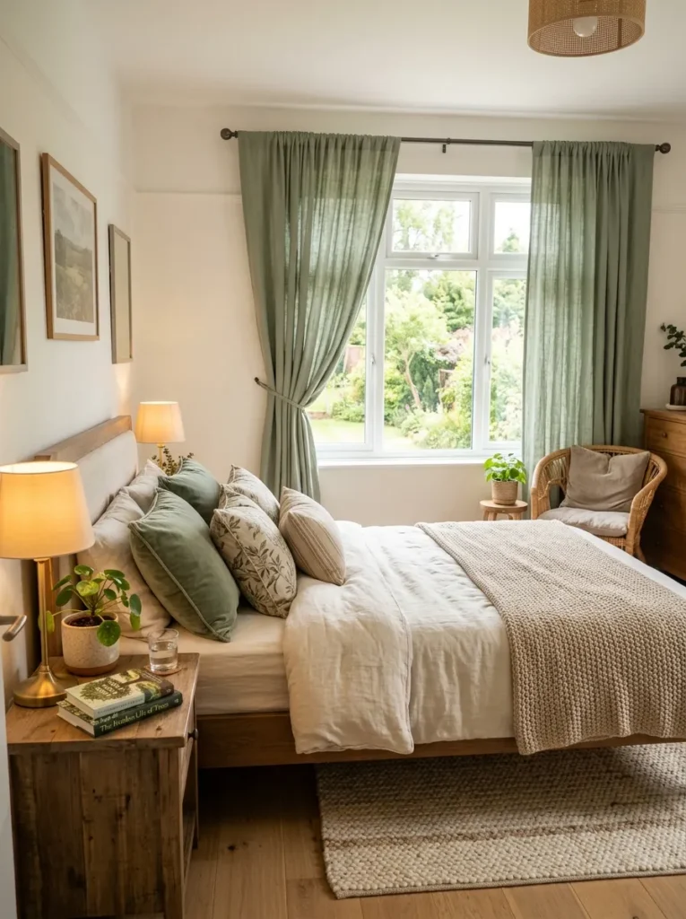 Bright cozy bedroom featuring sage green curtains, warm wood accents, and soft natural daylight