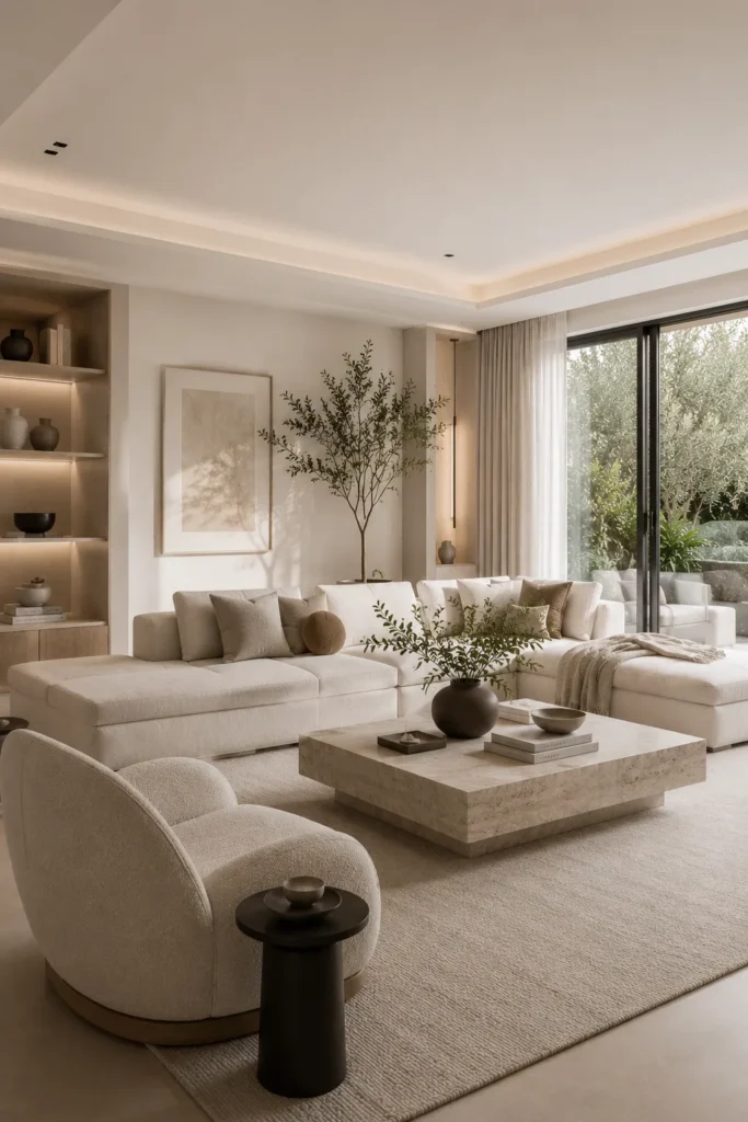Quiet luxury living room with sculptural decor accents, artistic styling, and elegant neutral furnishings