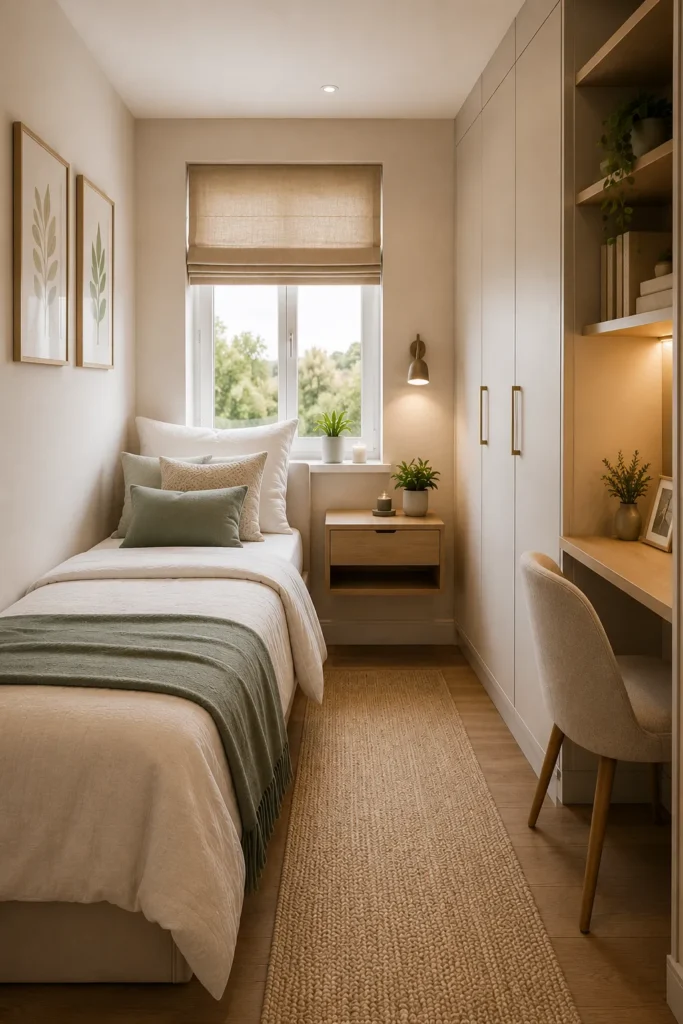 Small box room bedroom with a single bed against the wall creating more floor space and a practical compact layout
