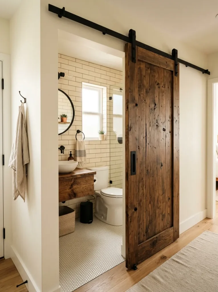 Small bathroom featuring a sliding barn door that saves space and improves room functionality