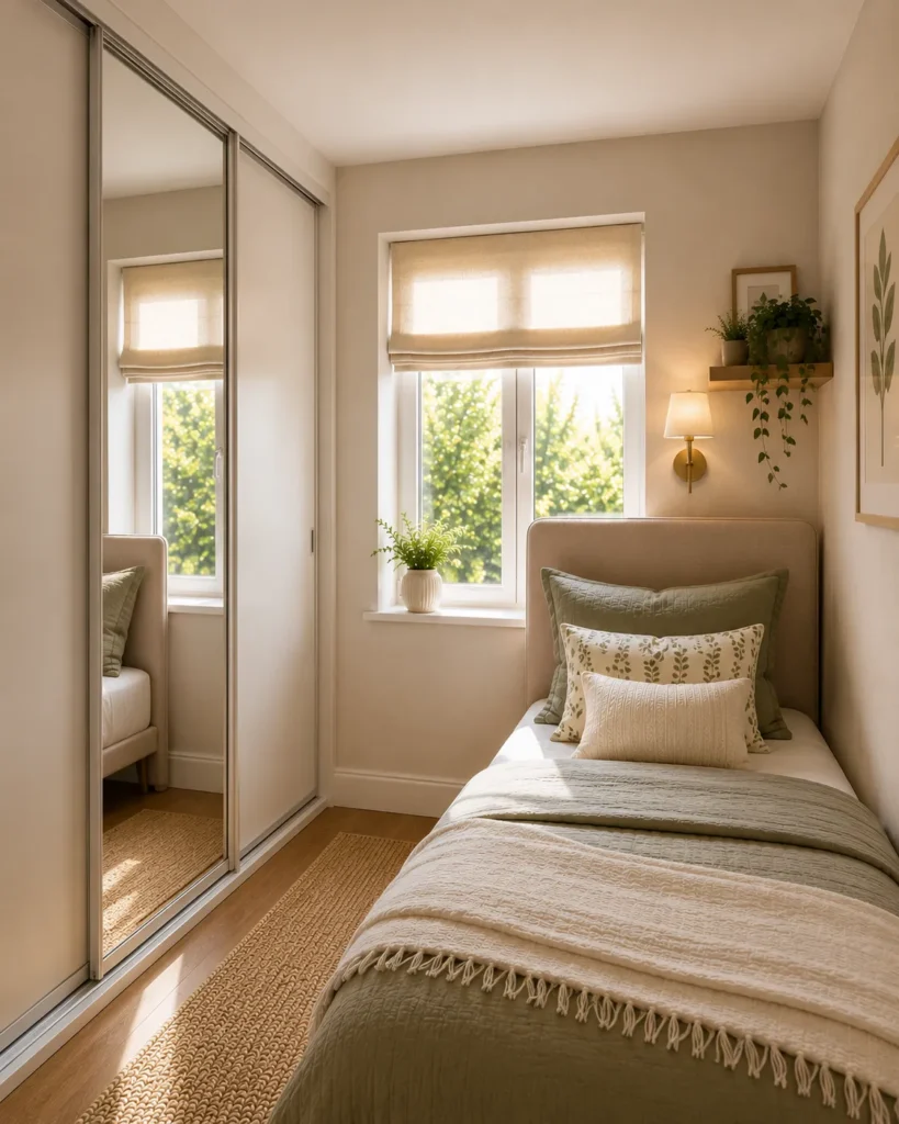 Small box room featuring sliding closet doors that save space and improve bedroom functionality