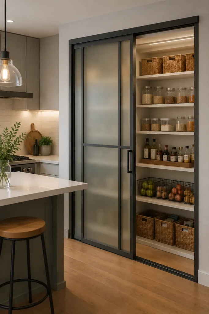 Small kitchen with aluminum glass sliding pantry door providing easy access while saving floor space