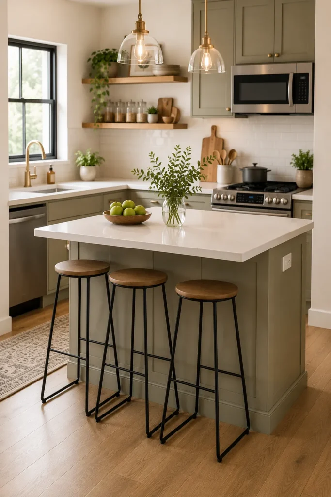Small kitchen breakfast bar with slim space-saving stools tucked neatly beneath the counter