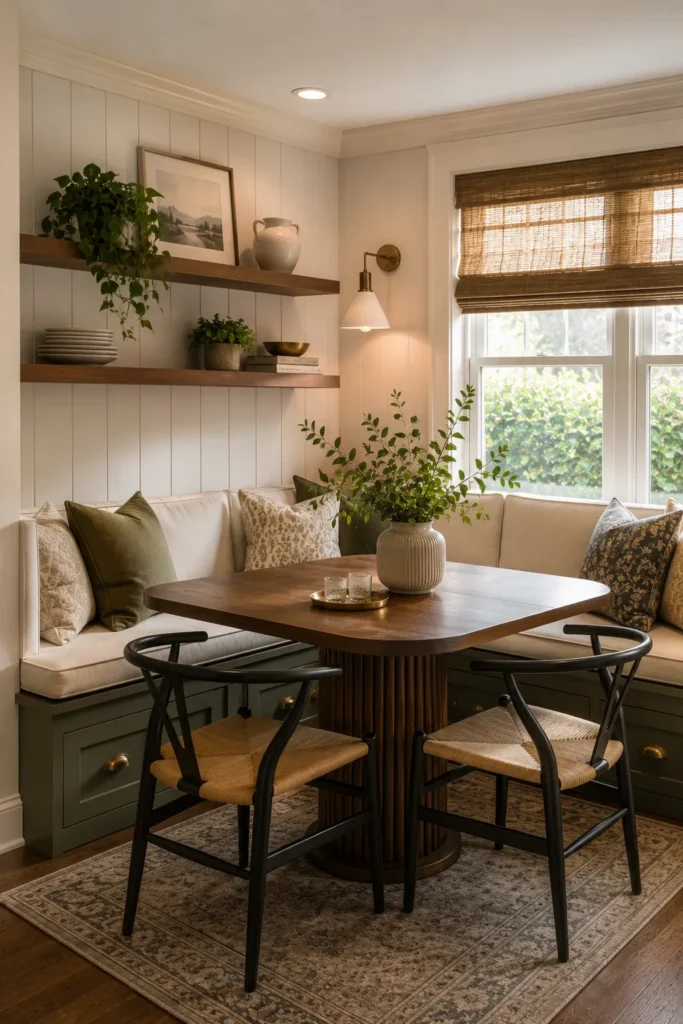 Small dining room featuring built-in banquette seating with hidden storage and comfortable cushions