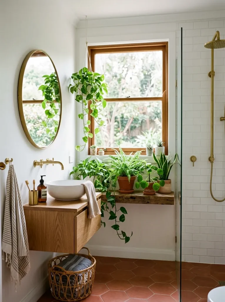 Small bathroom decorated with greenery and natural light for a fresh relaxing spa inspired atmosphere