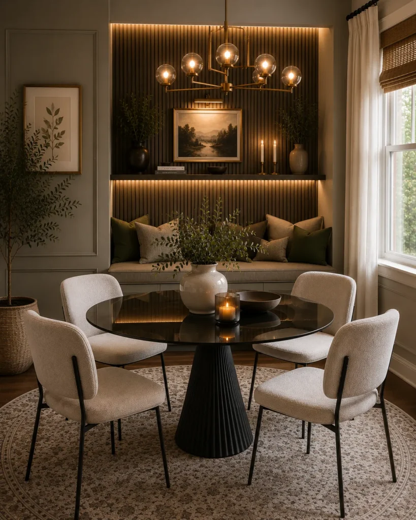 Cozy breakfast nook with built-in seating, compact dining table, and inviting natural light