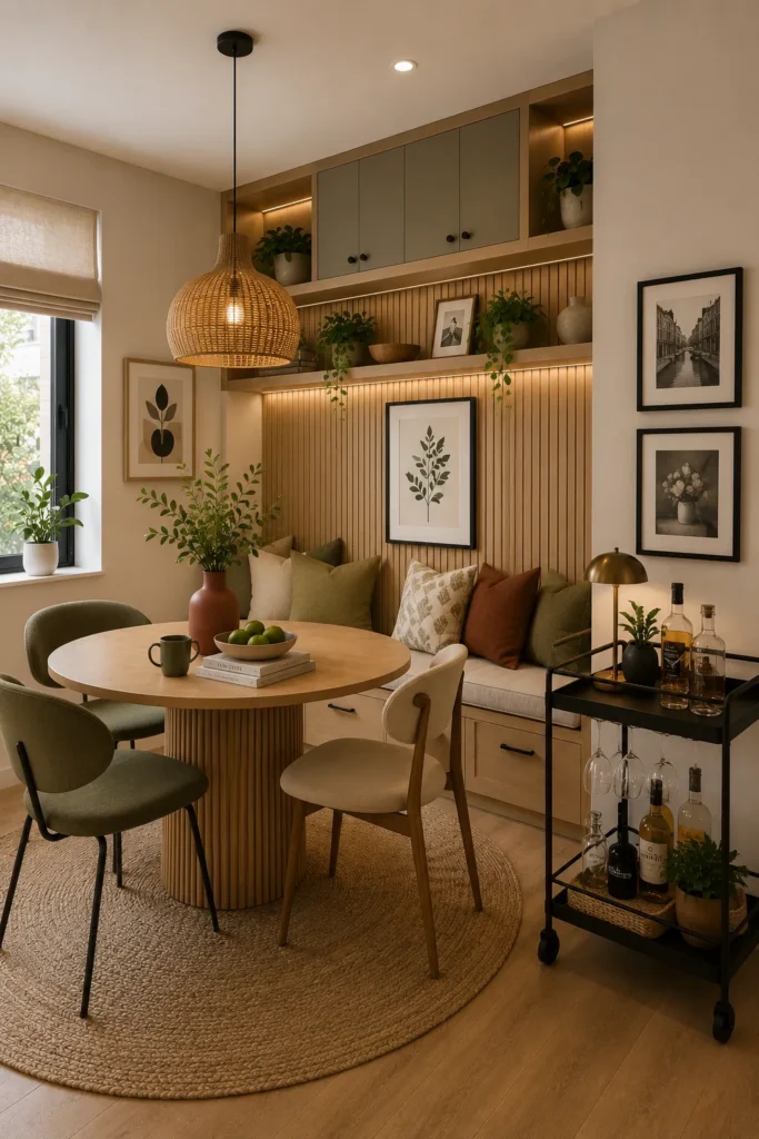 Small dining room featuring a stylish bar cart for drinks, serving essentials, and extra storage