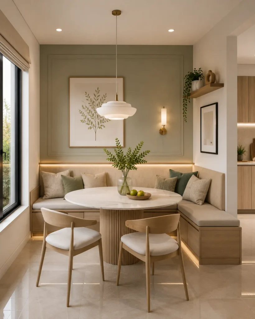 Space-saving dining room with bench seating tucked neatly under the table for a cleaner layout