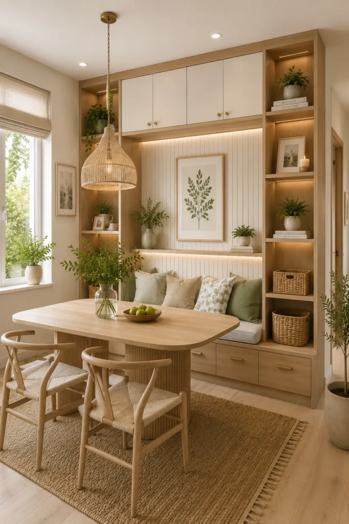 Small dining room with custom built-in storage wall providing organized dining and display space