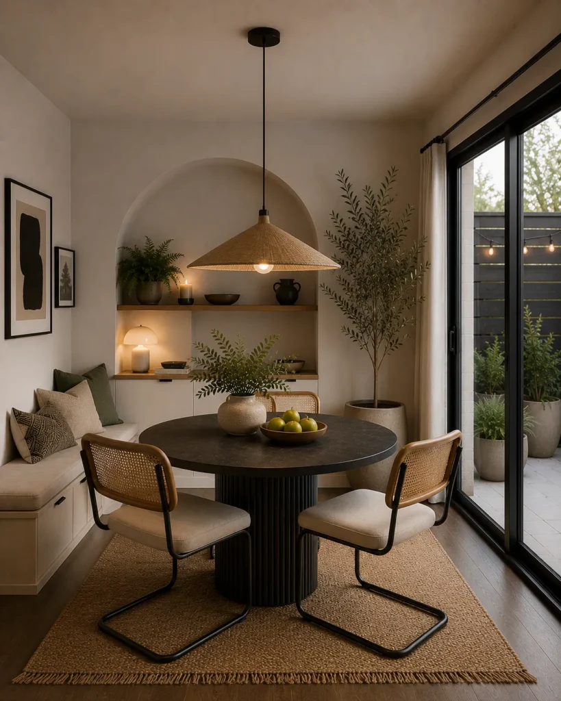 Small dining room with integrated coffee station and dining setup designed for stylish multifunctional living