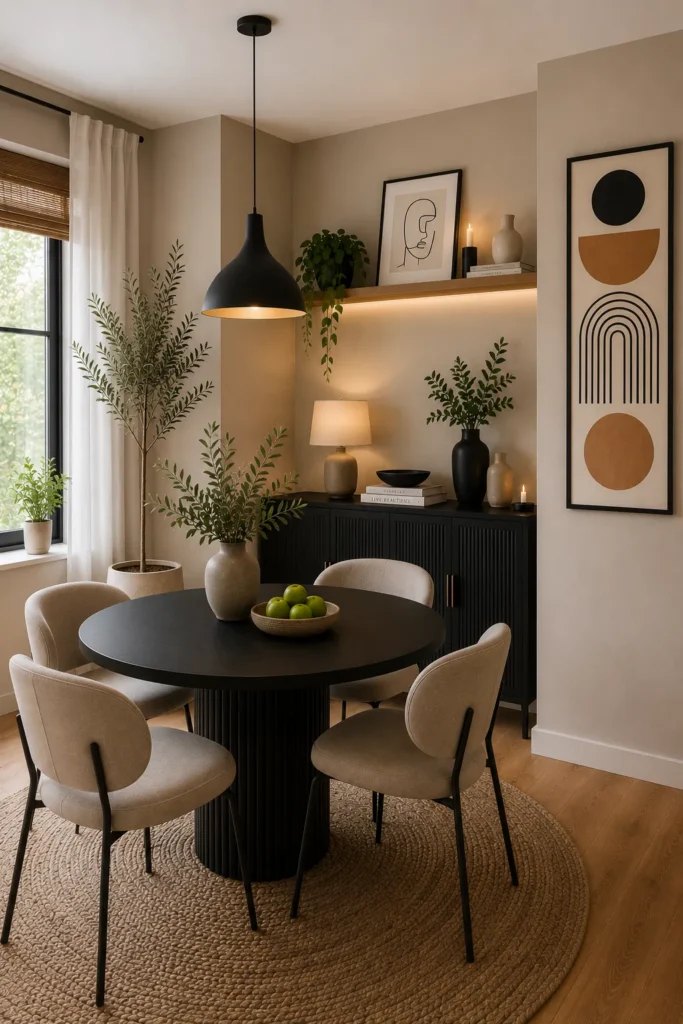 Compact dining room with corner cabinet storage maximizing unused space for dishes and accessories