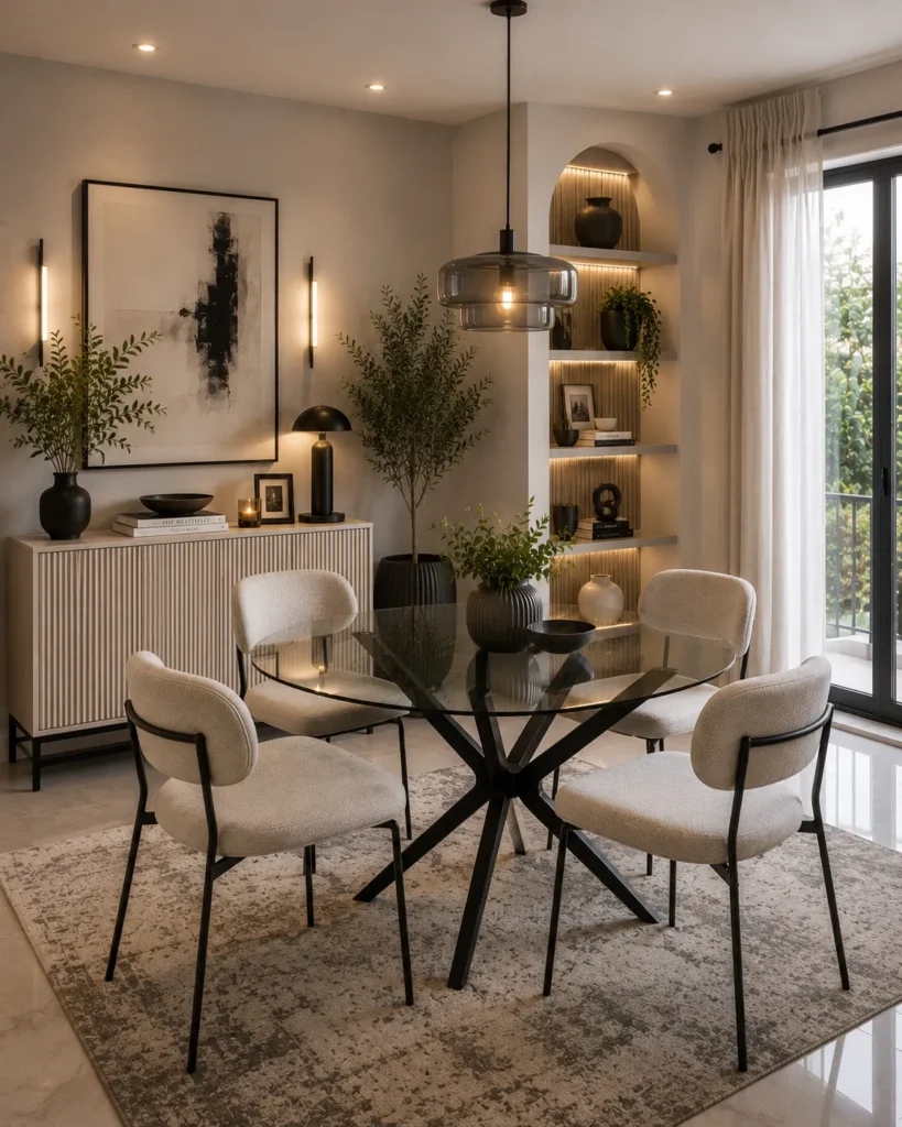 Small dining room featuring floating shelves styled with decor, plants, and practical storage solutions