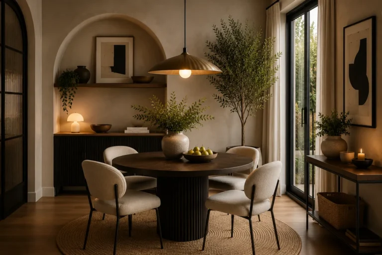 Small dining room with premium round dining table, upholstered chairs, warm lighting, and stylish space-saving design ideas