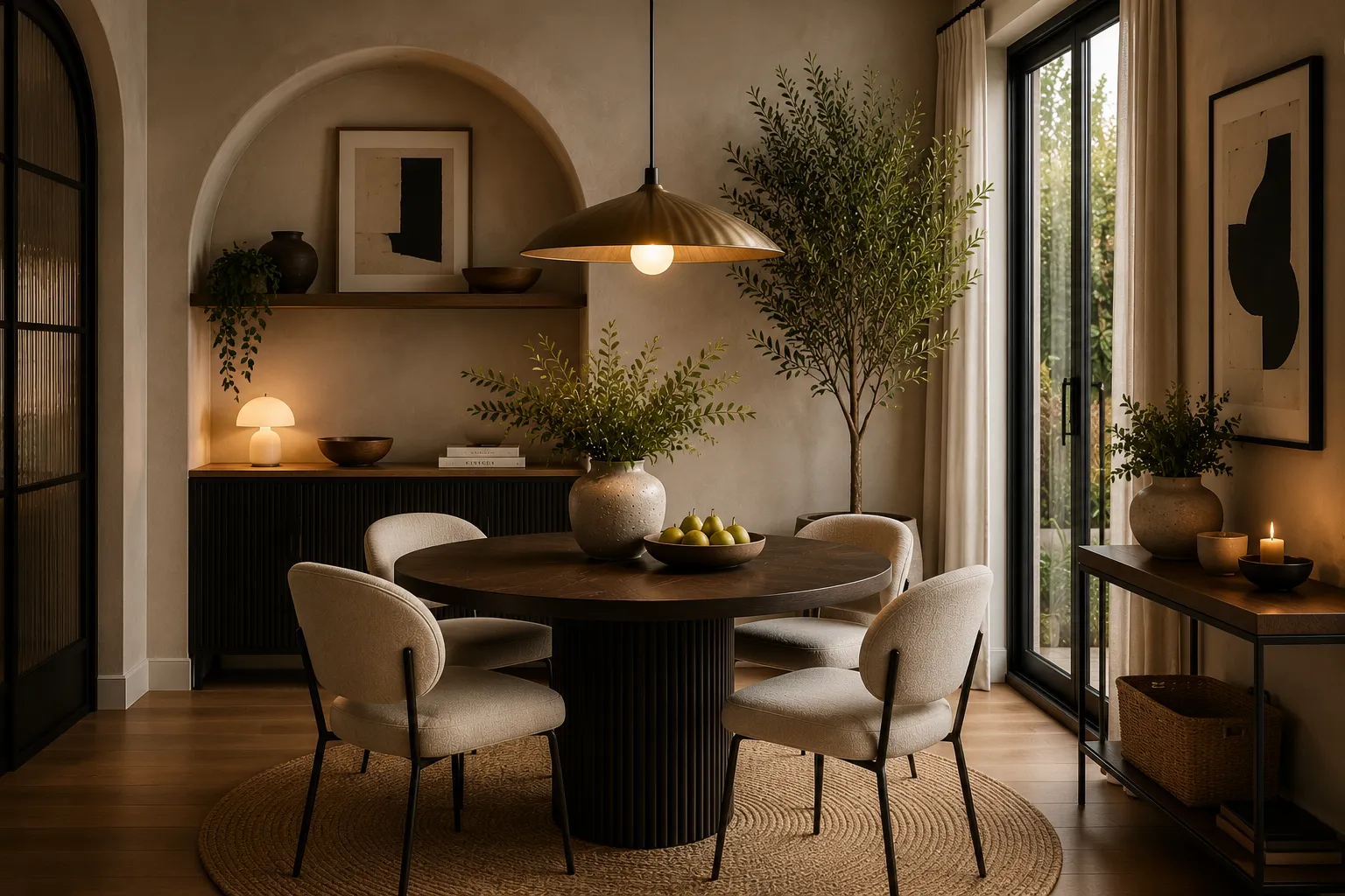 Small dining room with premium round dining table, upholstered chairs, warm lighting, and stylish space-saving design ideas