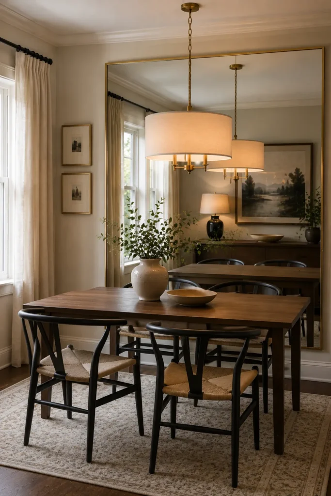 Small dining room with oversized mirror wall reflecting natural light and making the space feel larger