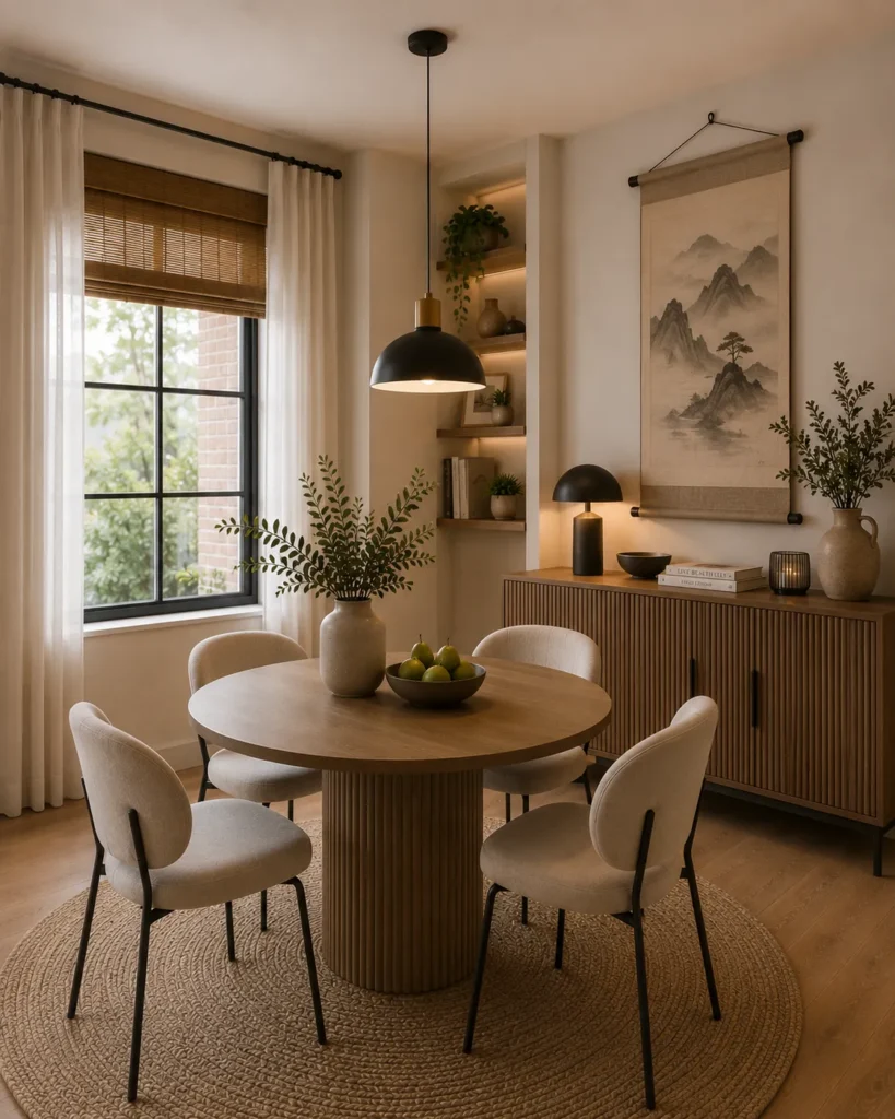 Small dining room with neutral upholstered dining chairs creating a bright, timeless, and spacious feel