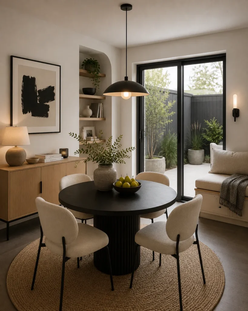 Small dining room with modern sliding glass doors improving flow while saving valuable floor space