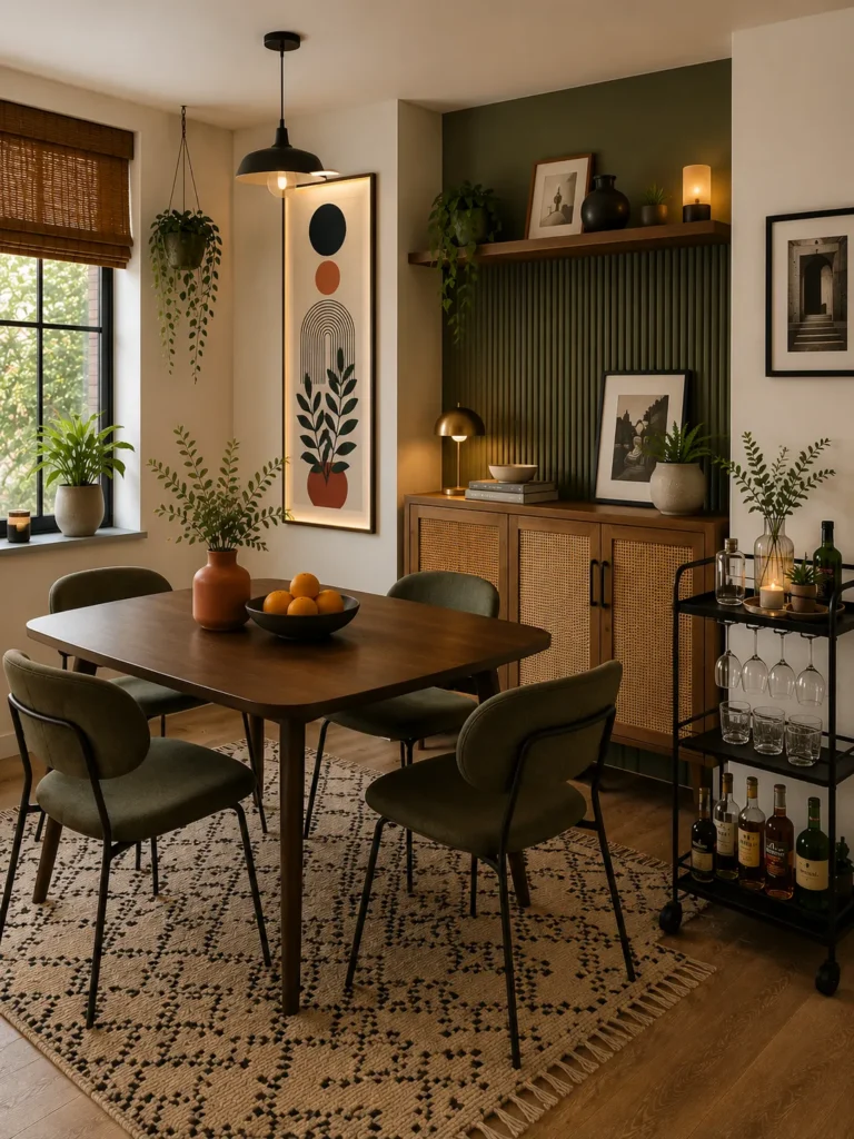 Small dining room decorated with large vertical wall art that enhances ceiling height and visual interest
