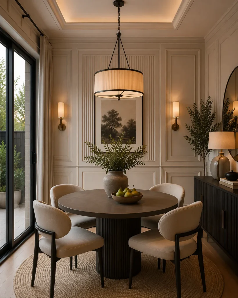 Elegant small dining room featuring decorative wall paneling that adds architectural character and depth