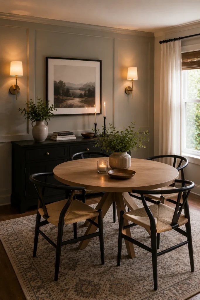 Small dining room illuminated by modern wall sconces that save floor space and create a cozy atmosphere