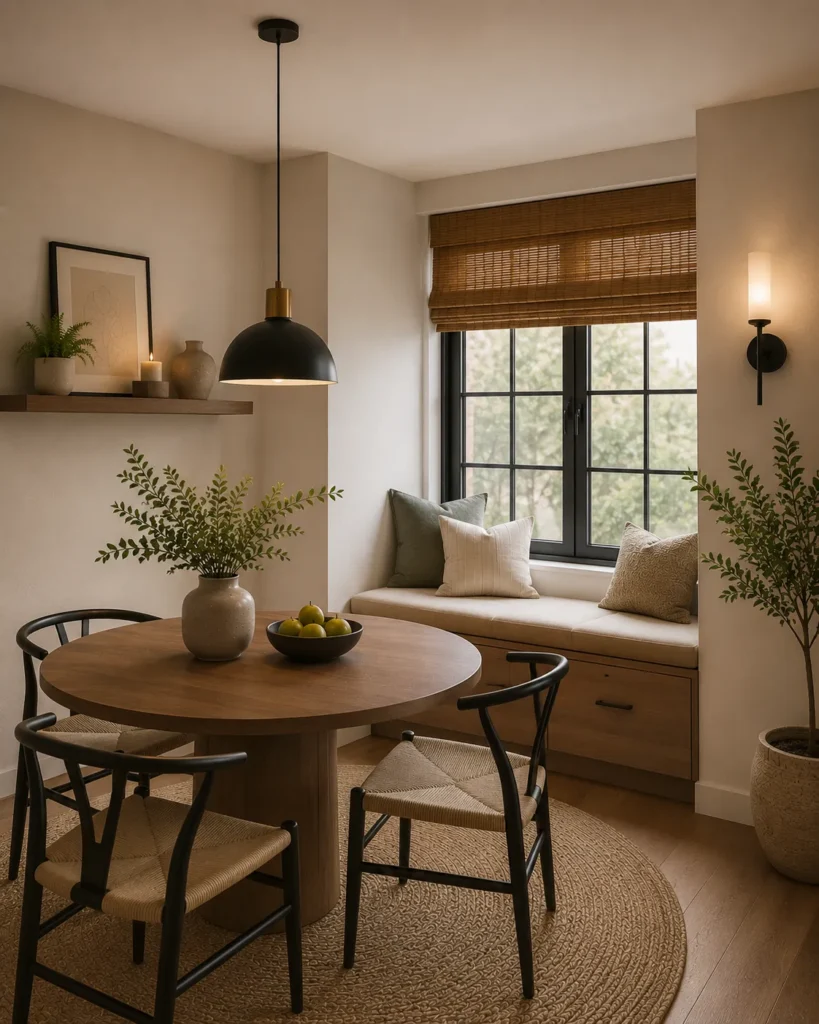 Small dining room with built-in window bench seating and hidden storage that maximizes functionality