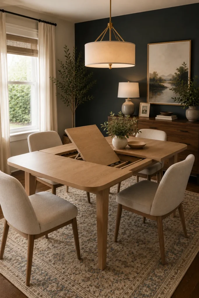 Compact dining room with modern extendable dining table expanded for guests while saving everyday space