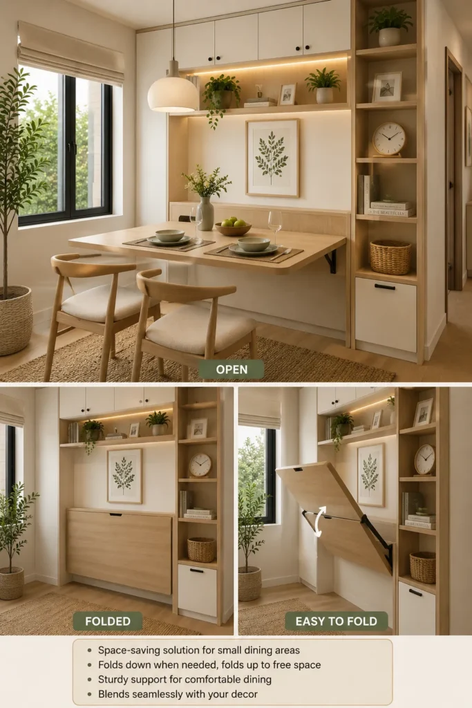 Compact dining room with foldable dining table designed for flexible everyday and guest use