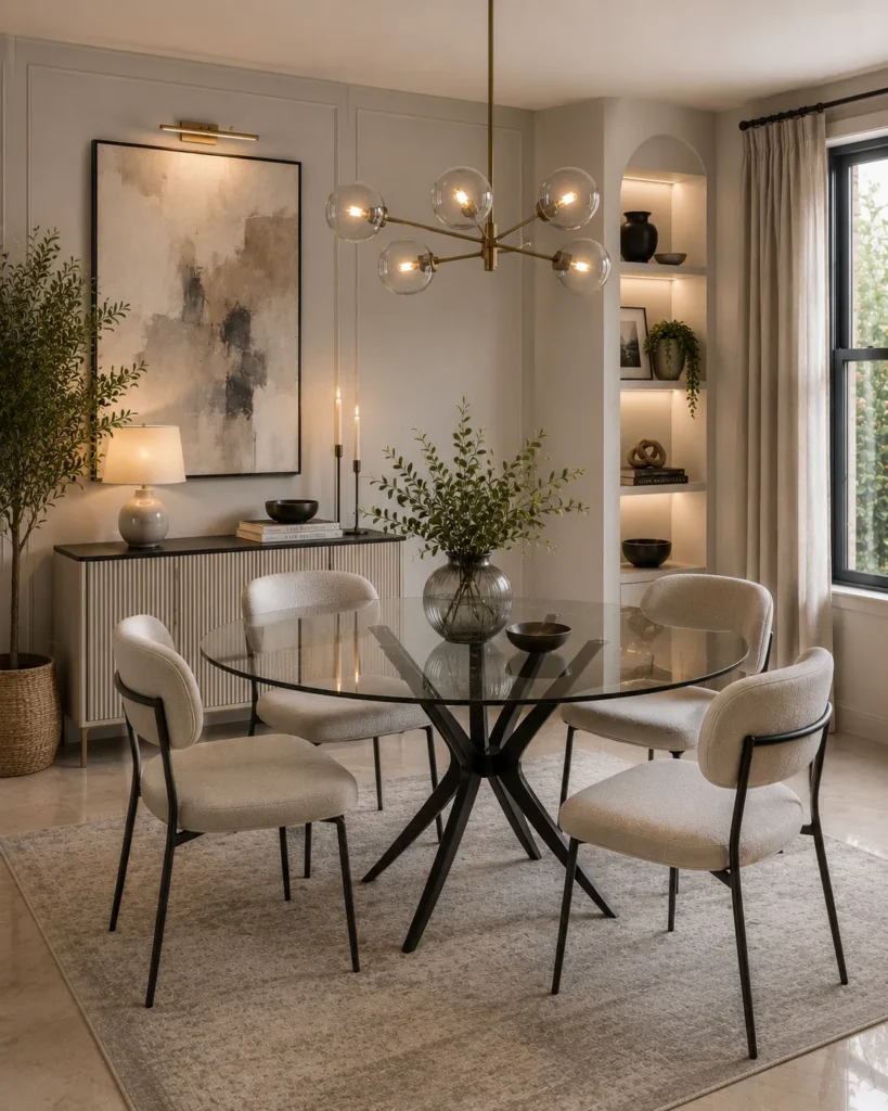 Small dining room with stylish glass dining table creating an open and airy visual effect