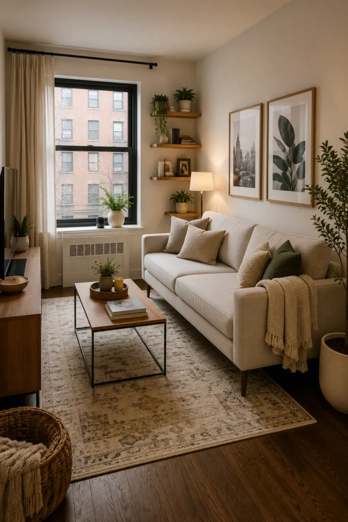 Apartment-size sofa in a small living room with slim arms, raised legs, and bright natural light