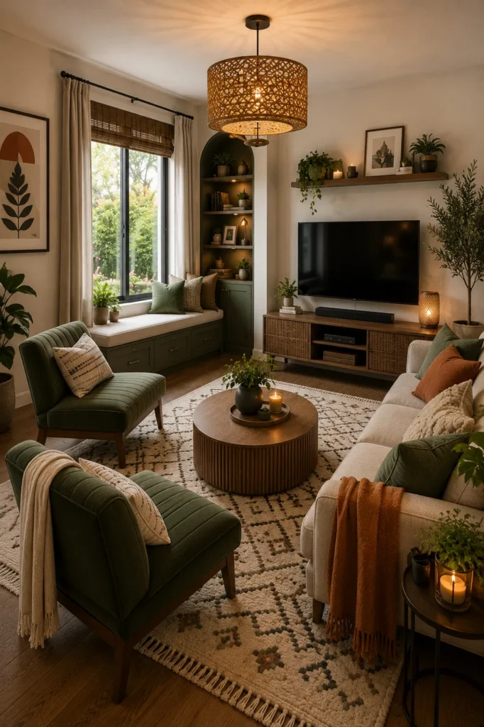 Armless accent chairs adding extra seating without overwhelming a compact living room
