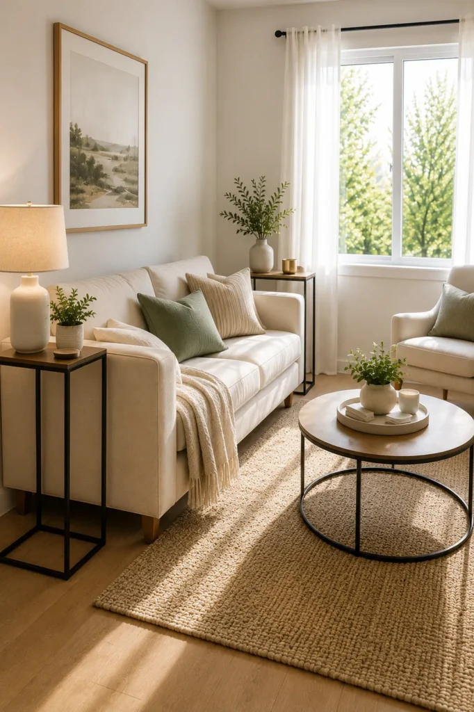 Slim side tables beside seating in a compact living room designed for efficient space use