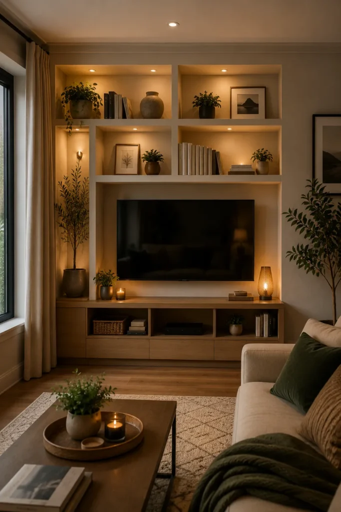 Custom built-in shelving surrounding a living room wall with decorative storage and display space