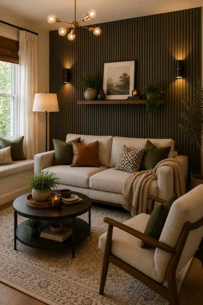 Decorative ceiling beams adding architectural character to a small farmhouse-style living room
