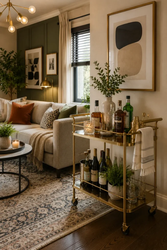Stylish rolling bar cart providing flexible storage and serving space in a small living room