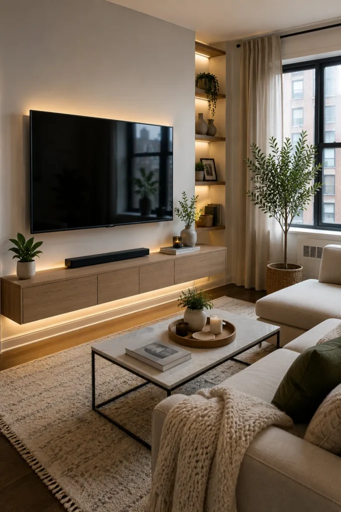 Small living room featuring a floating media console with wall-mounted TV and hidden storage