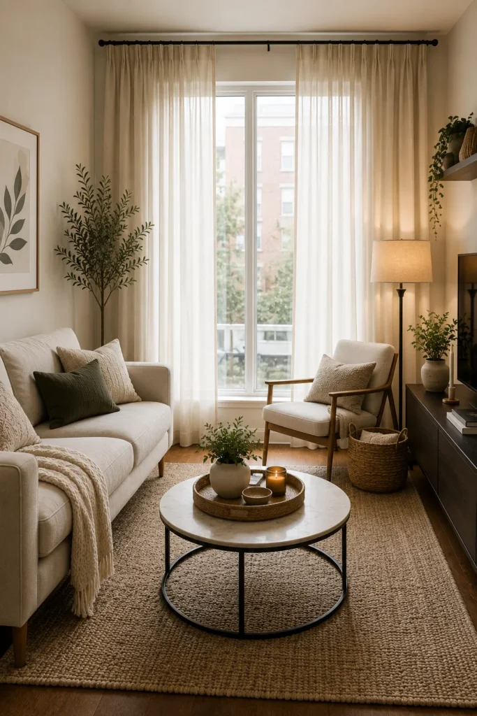 Floor-to-ceiling curtains in a bright small living room creating the illusion of taller ceilings
