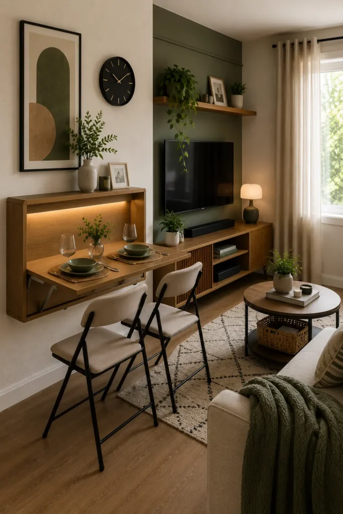 Foldable dining console table in a multifunction small living room and apartment space