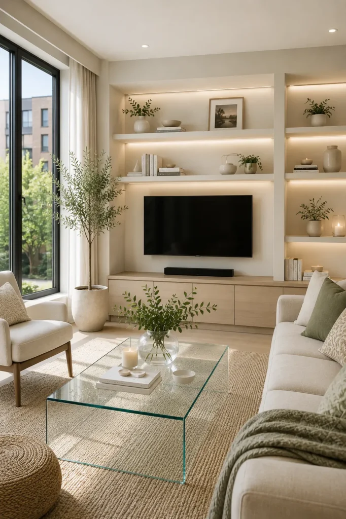 Glass coffee table in a bright small living room creating an open and airy appearance