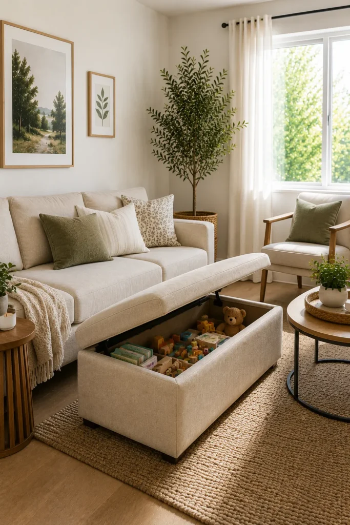 Hidden toy storage solutions in a family-friendly small living room with organized design
