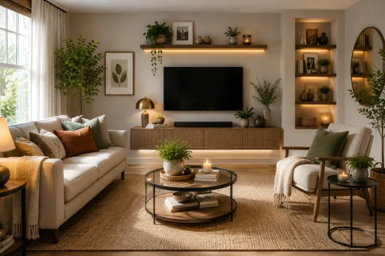 Stylish small living room with space-saving furniture, floating media console, natural light, mirror, and smart storage solutions